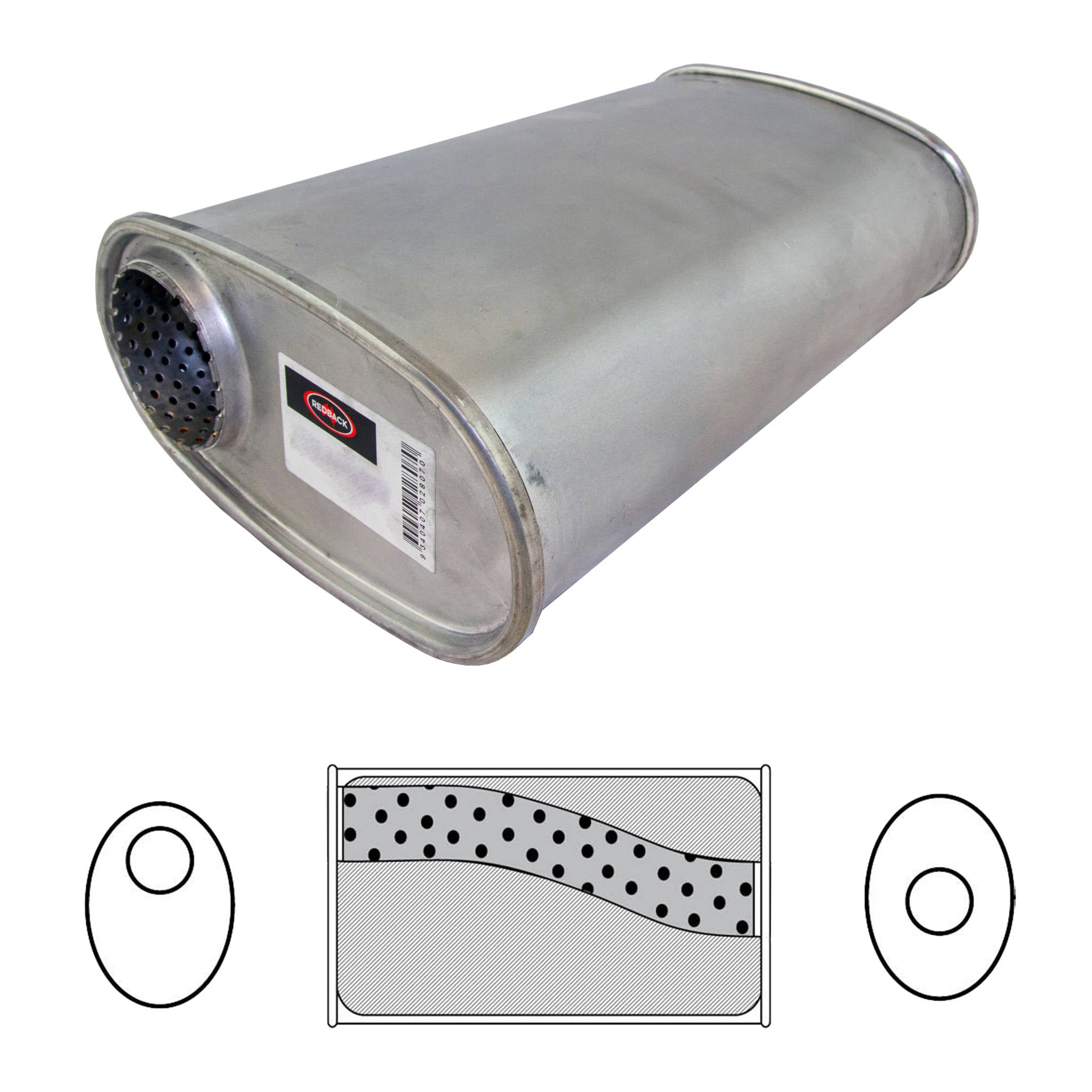2.5" Redback Muffler 8" x 4" Wide Oval, 16" Long, Offset/Centre - Megaflow (No Spigots)