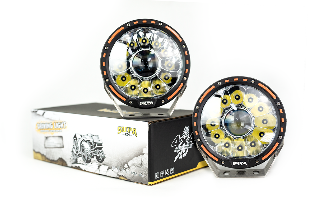 7" LED Driving Lights with LED LASER | 1 Lux @ 1076m | 13520 Lumens | IP68 Rated - PAIR W/ Wiring Harness