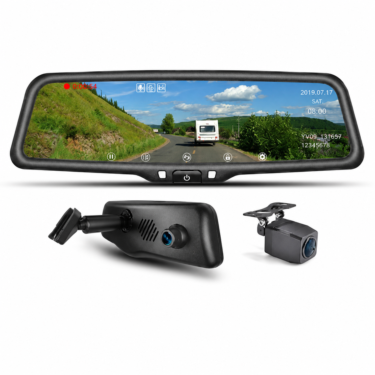 HD 9.66" Rear Vision Mirror Monitor With Built in DVR w/ 64GB SD card