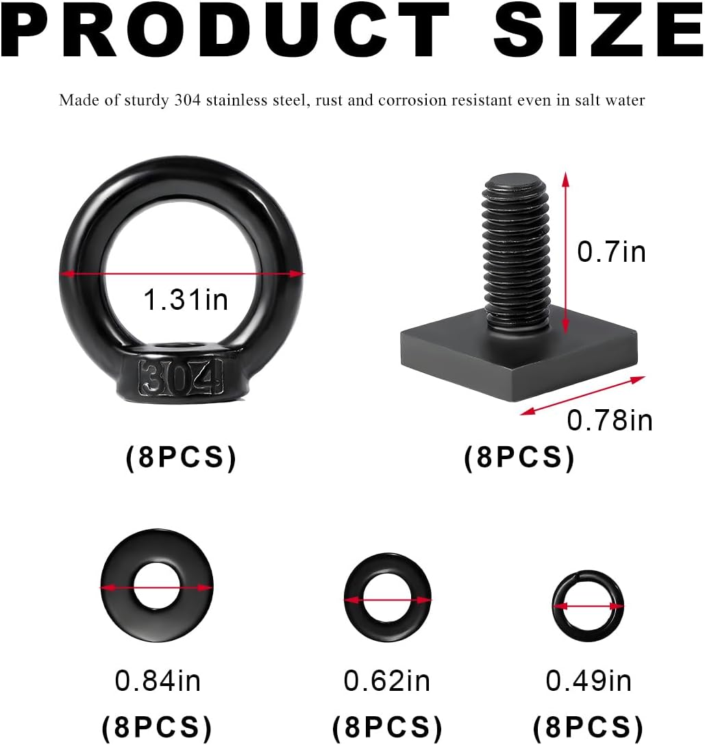 8 PCS T Track Mount Tie Down Anchor for Roof Rack, Heavy Duty 304 Stainless Steel M8 Rings, Bolt Eye Nut Point Kit Holding Bungee Cord Rope Hook 8PCS