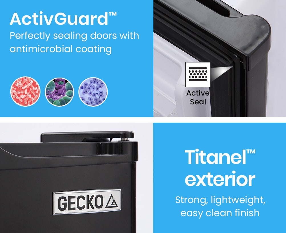 GECKO 70L Portable Bar Fridge and Freezer 12V/24V for Camping, Caravans, Black