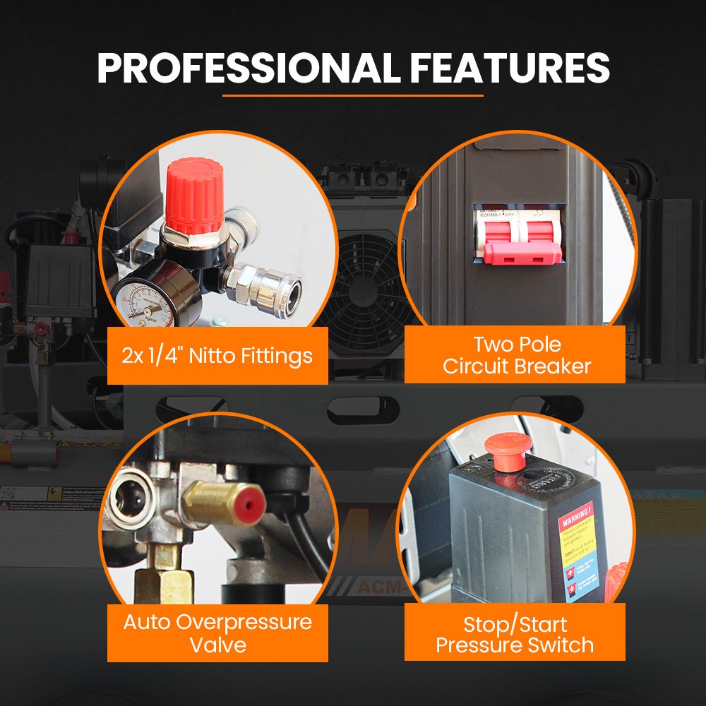 Unimac 150L 4.5HP Ultra-Slient Oil-Free Electric Air Compressor, Long Life Quad Motor, 116PSI Portable Heavy Duty, Twin Nitto Outlets, 15A Plug