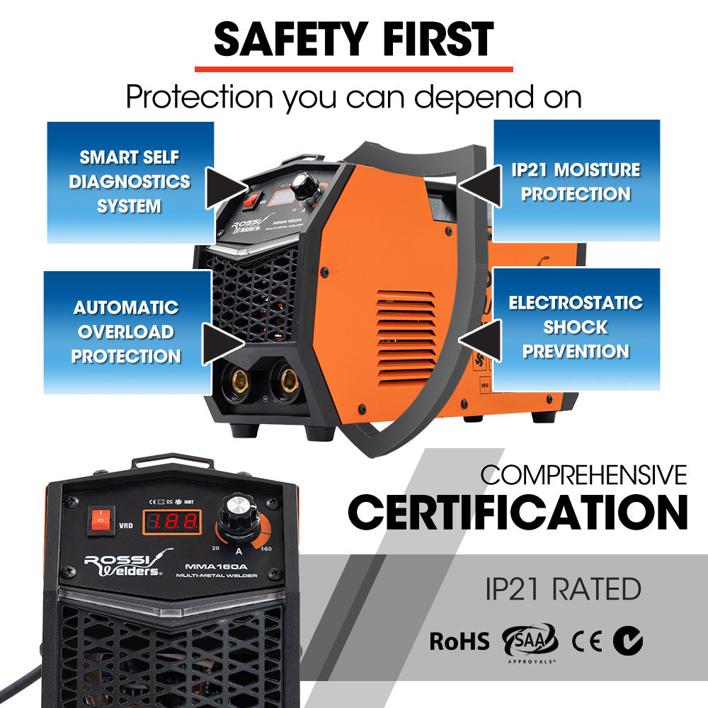 ROSSI 160 Amp Inverter Stick Welder, ideal for Stainless Steel, Aluminium, Carbon Steel, Multi-Metal Gasless Welding Machine, 15A Plug