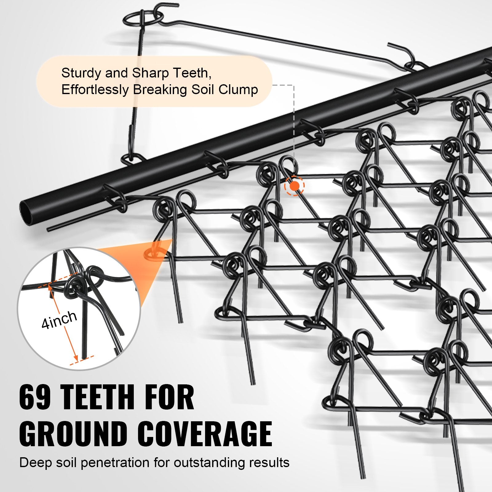 VEVOR Drag Harrow, 4'x4' Heavy-Duty Chain Harrow with 69 Teeth, ATV UTV Tractor Attachments Field Drag Mat for Sod Prepping, Seeding Lawns, Landscape Leveling, Harrow Rake for Gravel Driveway Yard