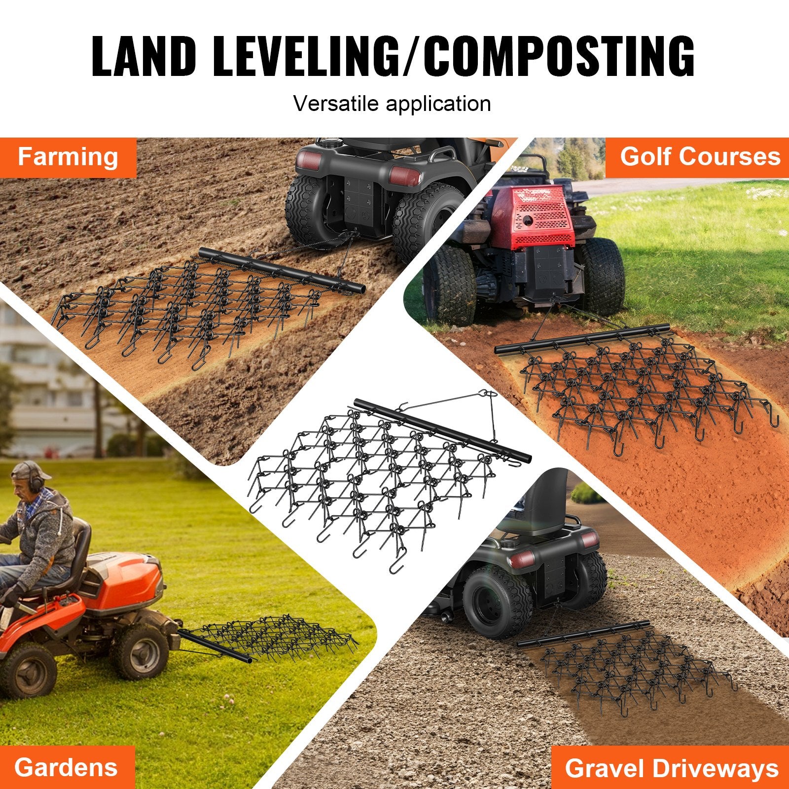 VEVOR Drag Harrow, 4'x4' Heavy-Duty Chain Harrow with 69 Teeth, ATV UTV Tractor Attachments Field Drag Mat for Sod Prepping, Seeding Lawns, Landscape Leveling, Harrow Rake for Gravel Driveway Yard