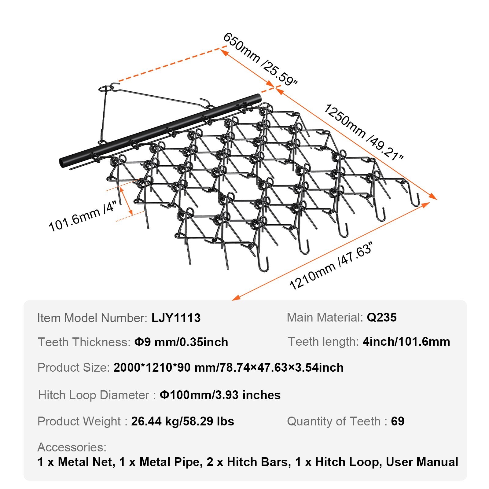 VEVOR Drag Harrow, 4'x4' Heavy-Duty Chain Harrow with 69 Teeth, ATV UTV Tractor Attachments Field Drag Mat for Sod Prepping, Seeding Lawns, Landscape Leveling, Harrow Rake for Gravel Driveway Yard