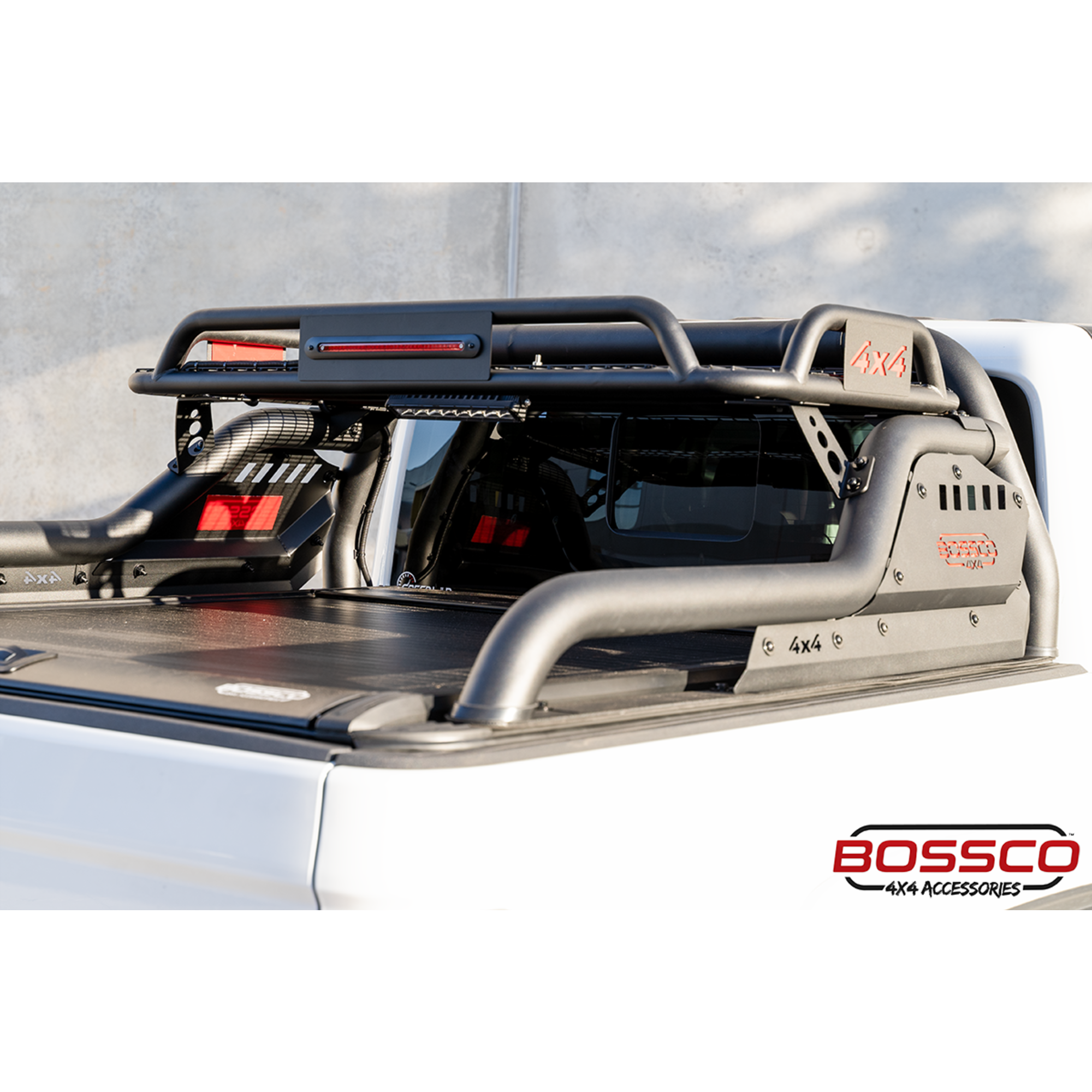 Adjustable Width Black Extended Roll Sports Bar With Basket & Integrated Rear Brake Light for Bossco Roller Covers