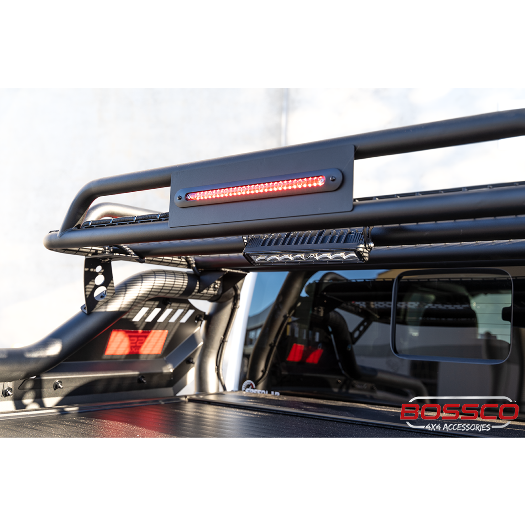 Adjustable Width Black Extended Roll Sports Bar With Basket & Integrated Rear Brake Light for Bossco Roller Covers