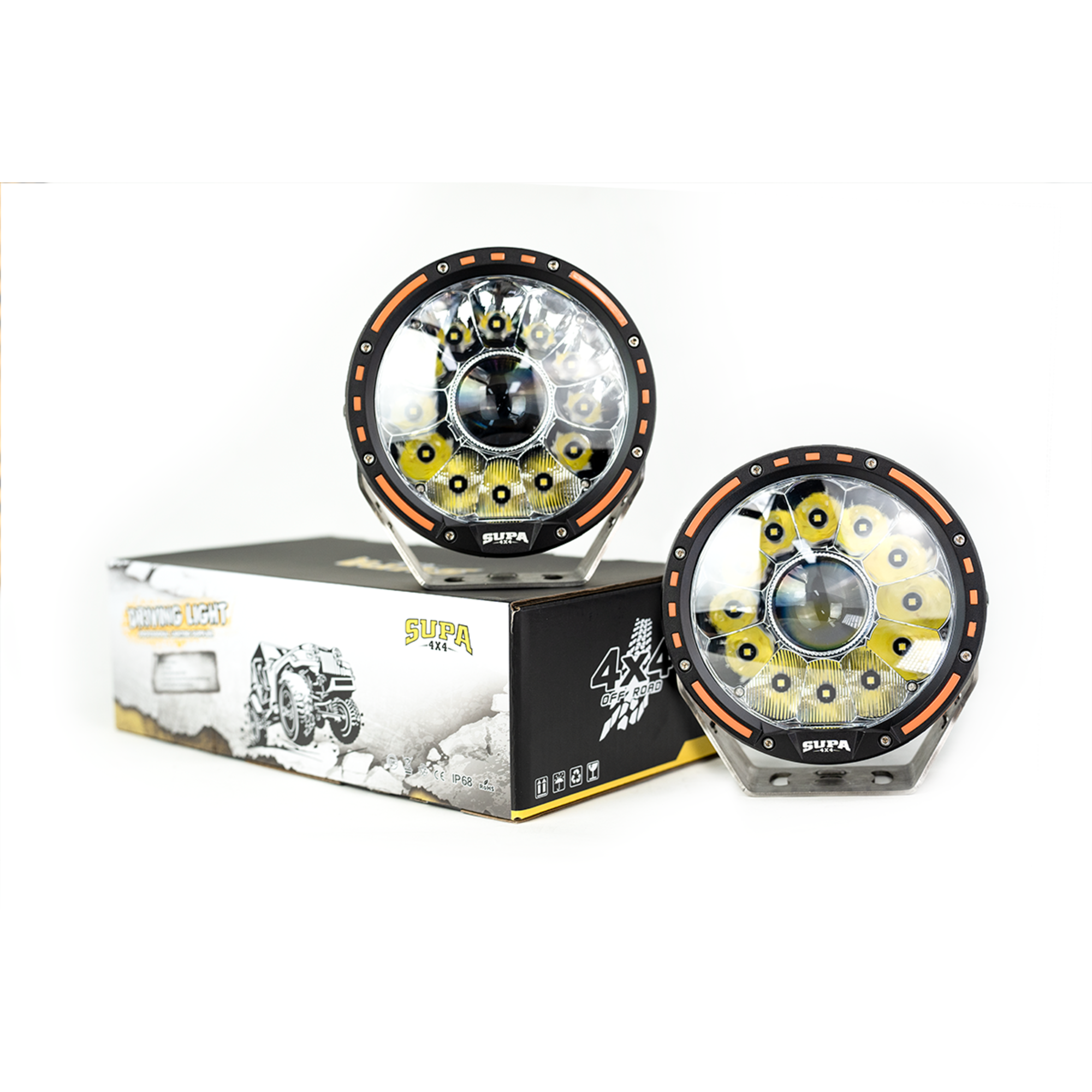 7" LED Driving Lights with LED LASER | 1 Lux @ 1076m | 13520 Lumens | IP68 Rated - PAIR W/ Wiring Harness