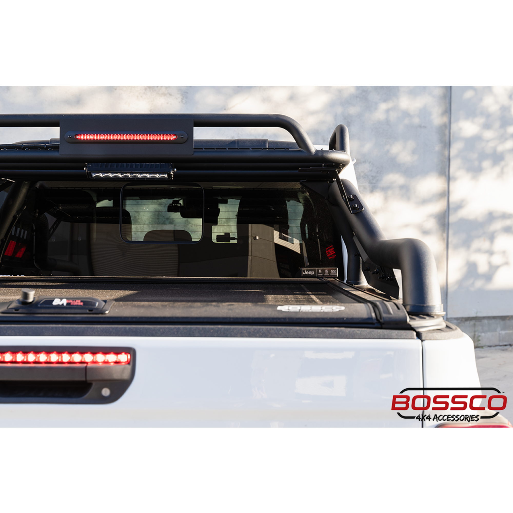 Adjustable Width Black Extended Roll Sports Bar With Basket & Integrated Rear Brake Light for Bossco Roller Covers
