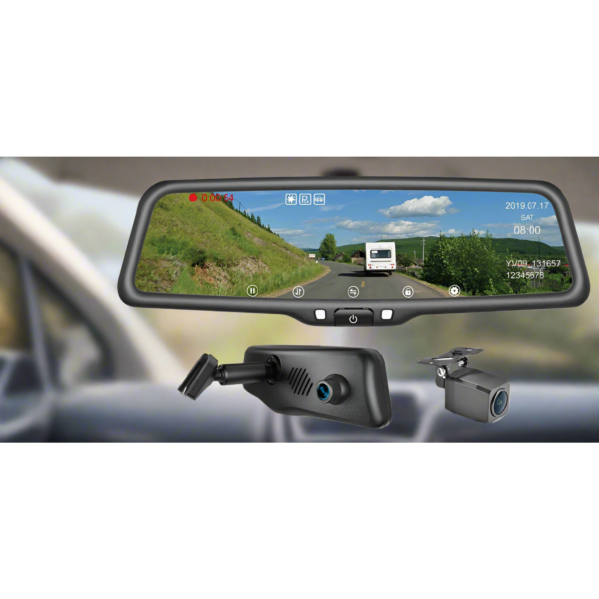 HD 9.66" Rear Vision Mirror Monitor With Built in DVR w/ 64GB SD card