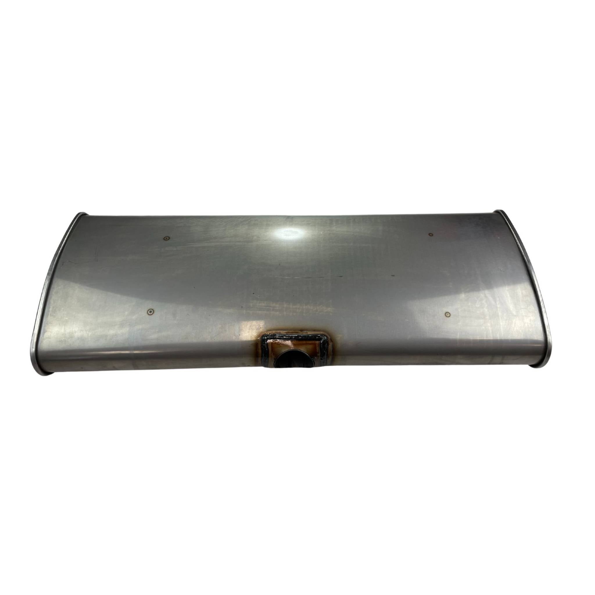 Centre Inlet Muffler  2.25" 12" x 4" , Twin Outlet  30" Long, 409 Stainless Steel, East-West Muffler