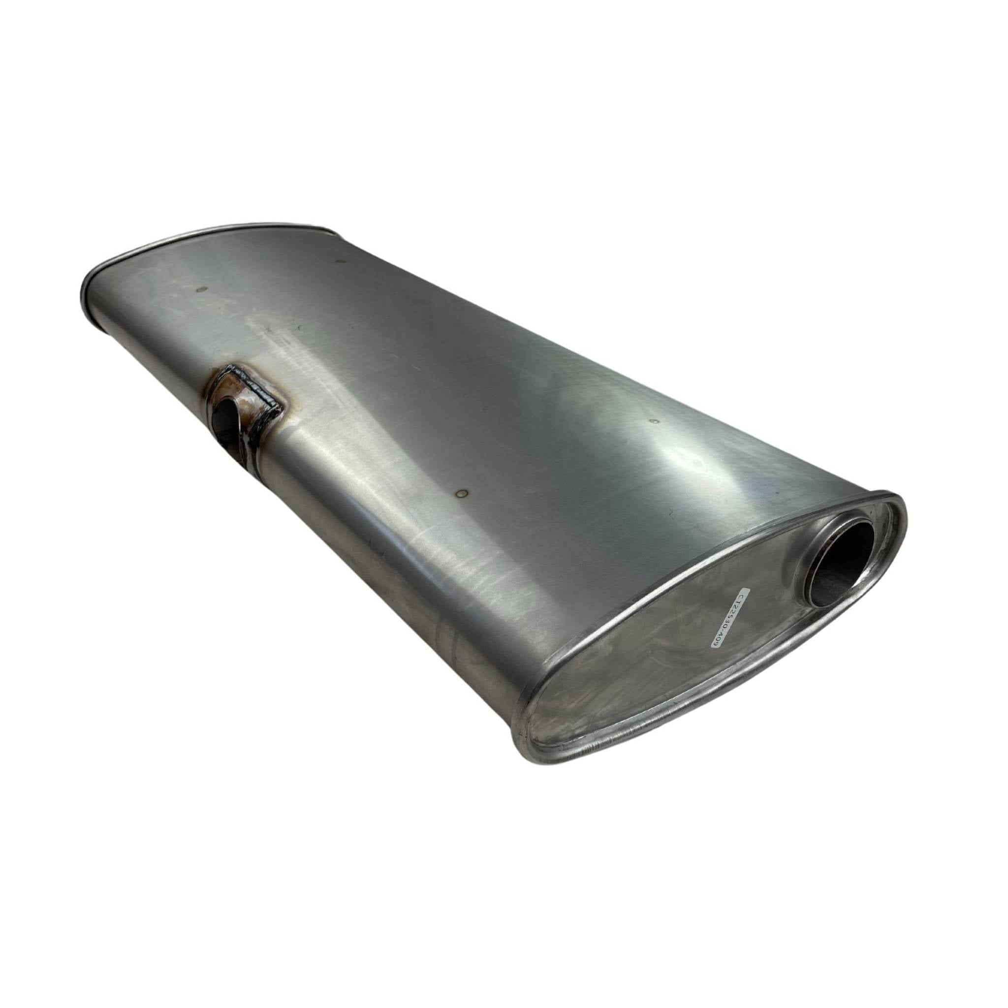 Centre Inlet Muffler  2.25" 12" x 4" , Twin Outlet  30" Long, 409 Stainless Steel, East-West Muffler