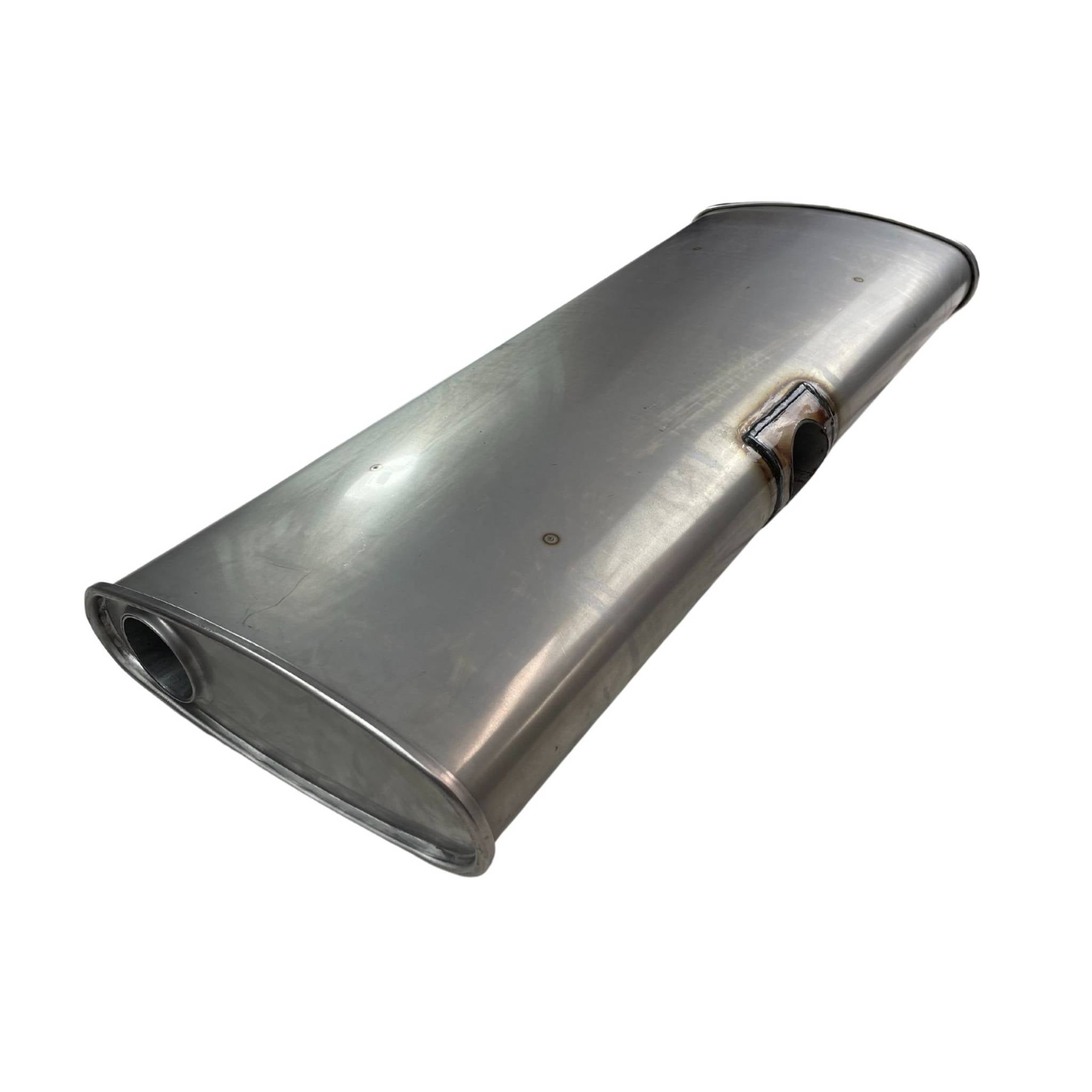 Centre Inlet Muffler  2.25" 12" x 4" , Twin Outlet  30" Long, 409 Stainless Steel, East-West Muffler