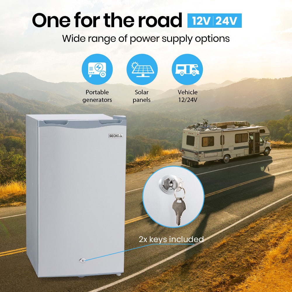 GECKO 95L Portable Upright Fridge and Freezer, 12V/24V for Camping, Caravans, Silver