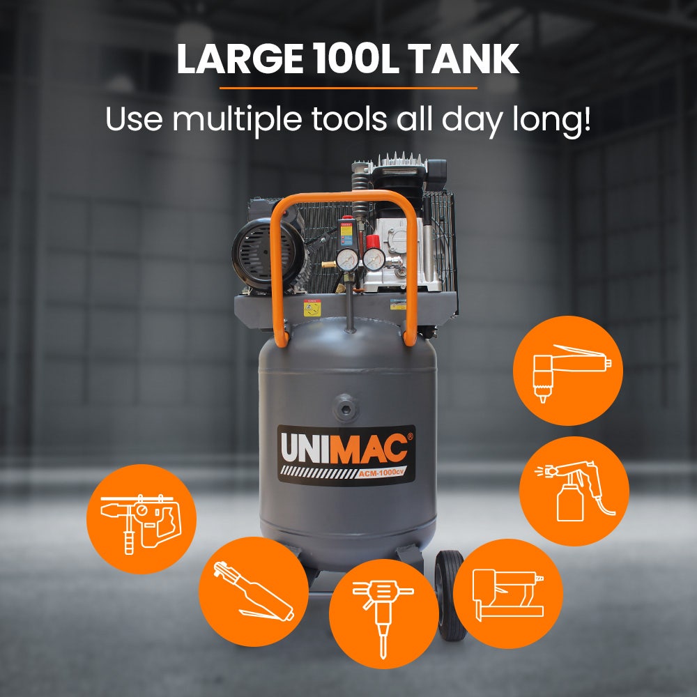 Unimac 100L 2.6kW Industrial Air Compressor, 370L/min 116PSI, Brushless Motor, Long Service Life, Certified Vertical Tank, 15A Plug