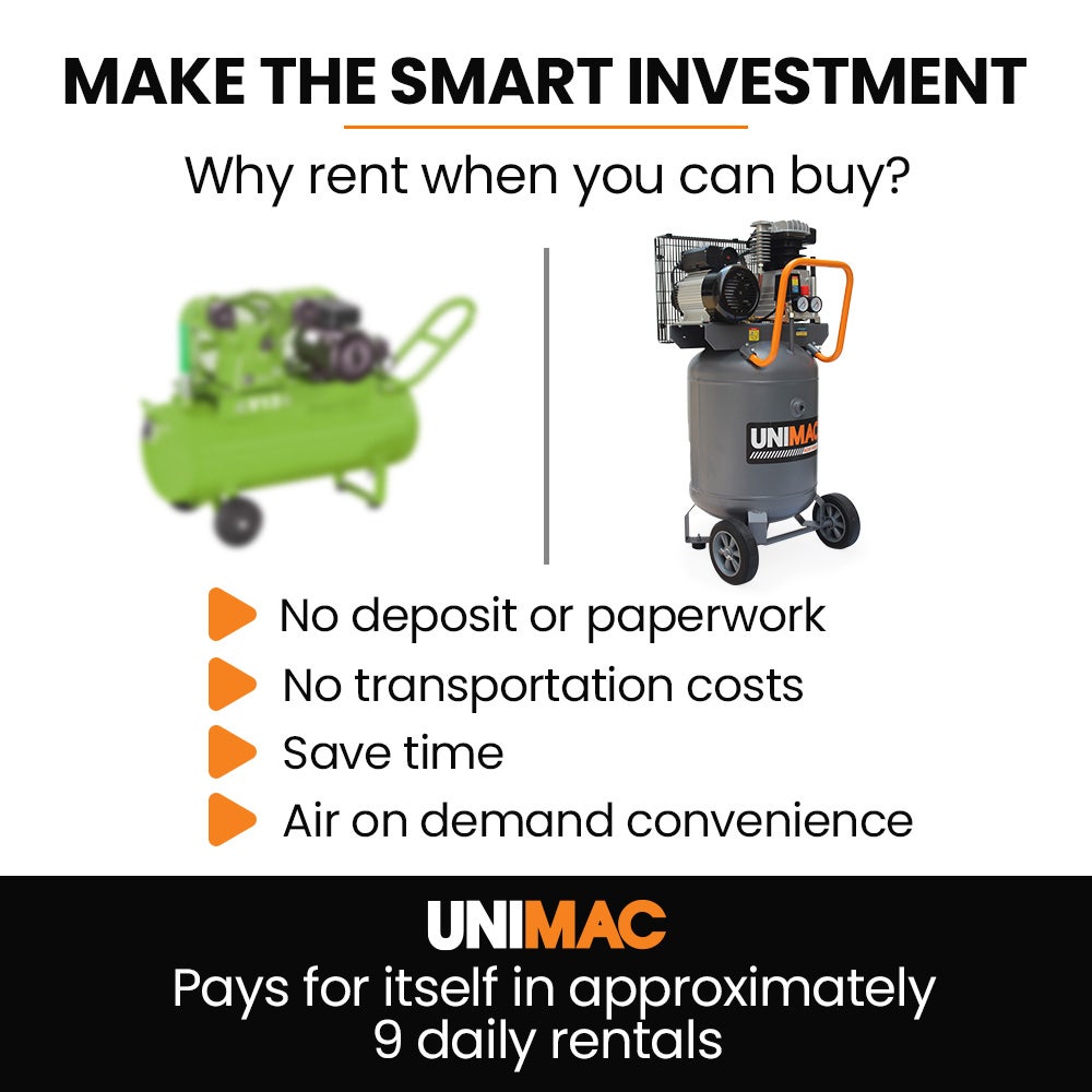 Unimac 100L 2.6kW Industrial Air Compressor, 370L/min 116PSI, Brushless Motor, Long Service Life, Certified Vertical Tank, 15A Plug