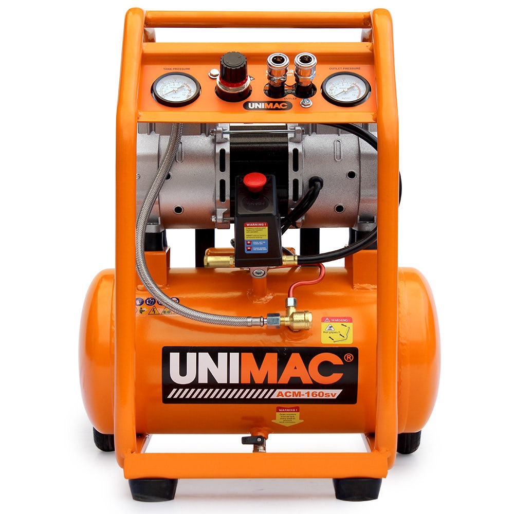Unimac 16L Silent Oil-Free Electric Air Compressor, 116PSI Portable with Wheels and Handle, Twin Nitto Outlets for Airtools, Tyre Inflation