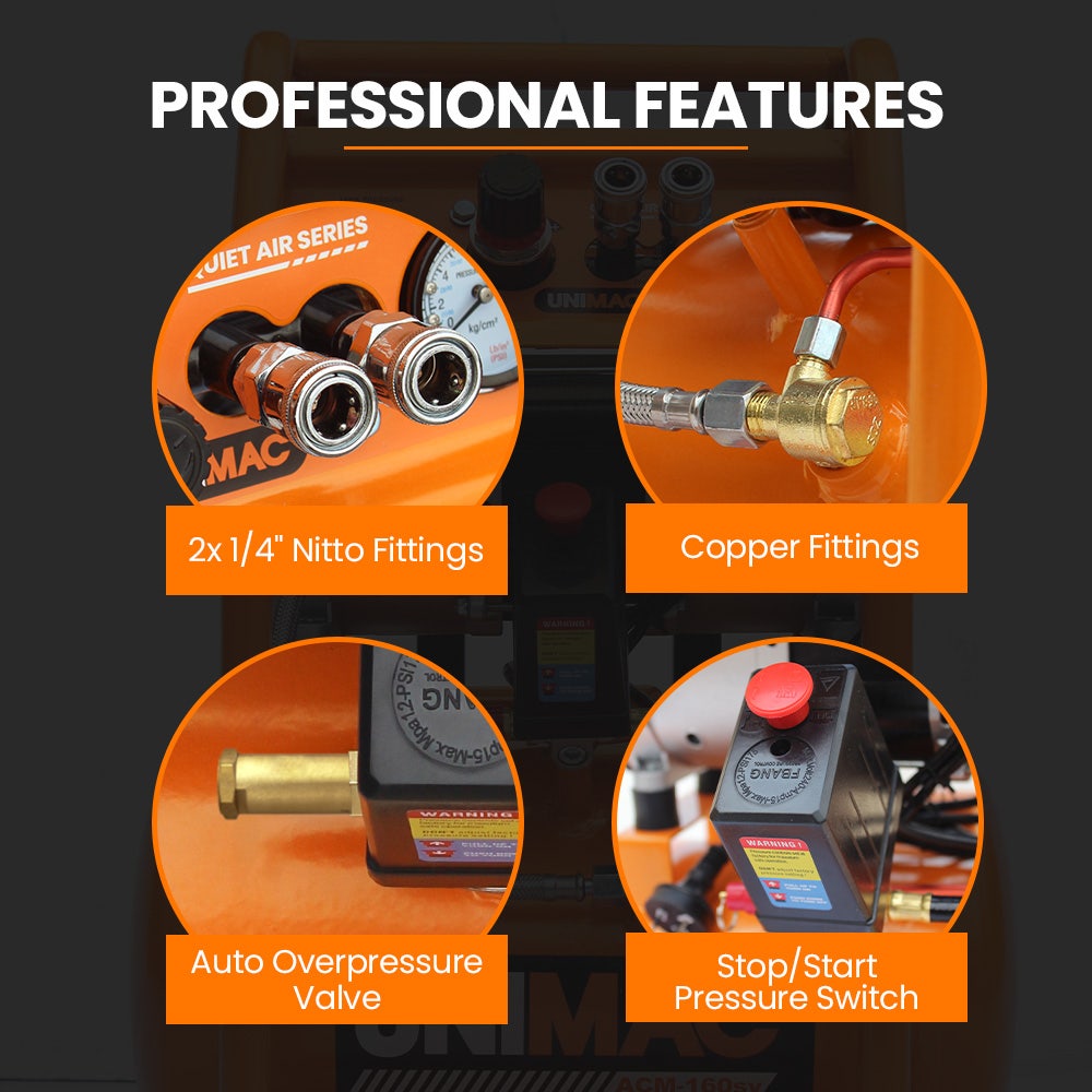 Unimac 16L Silent Oil-Free Electric Air Compressor, 116PSI Portable with Wheels and Handle, Twin Nitto Outlets for Airtools, Tyre Inflation