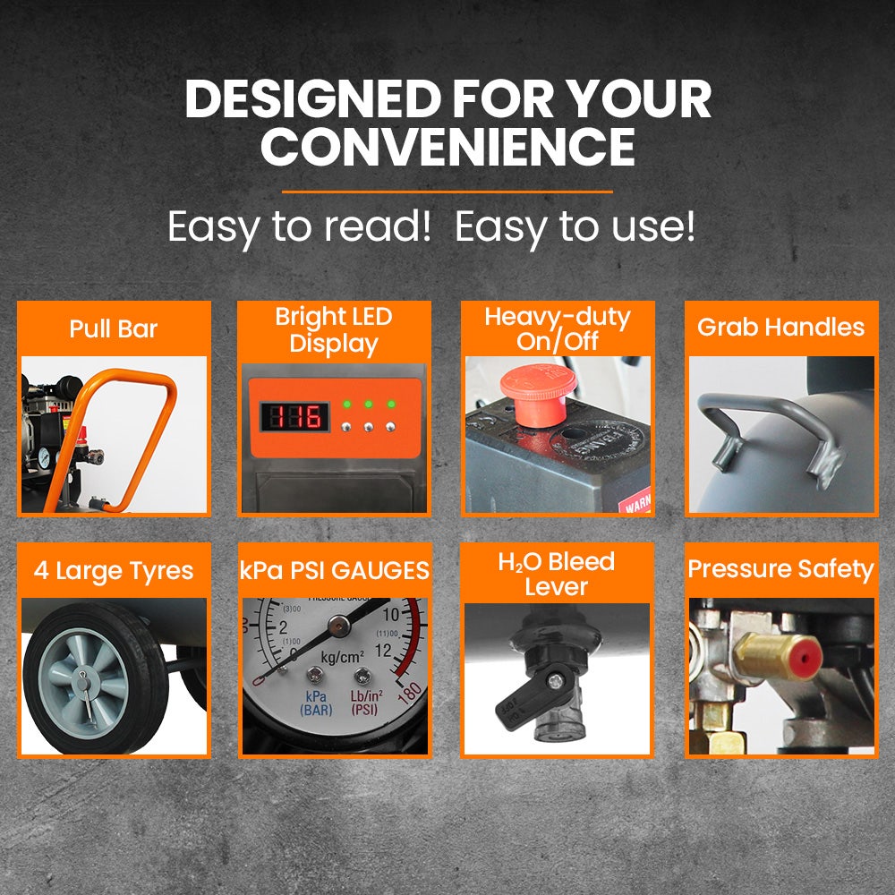 UNIMAC 100L 4.5HP Silent Oil-Free Air Compressor, with Twin Nitto Outlets, 15A Plug